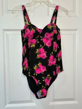Betsey Johnson Swimsuit Womens Medium Black Pink Shirred Sides Balconette Retro